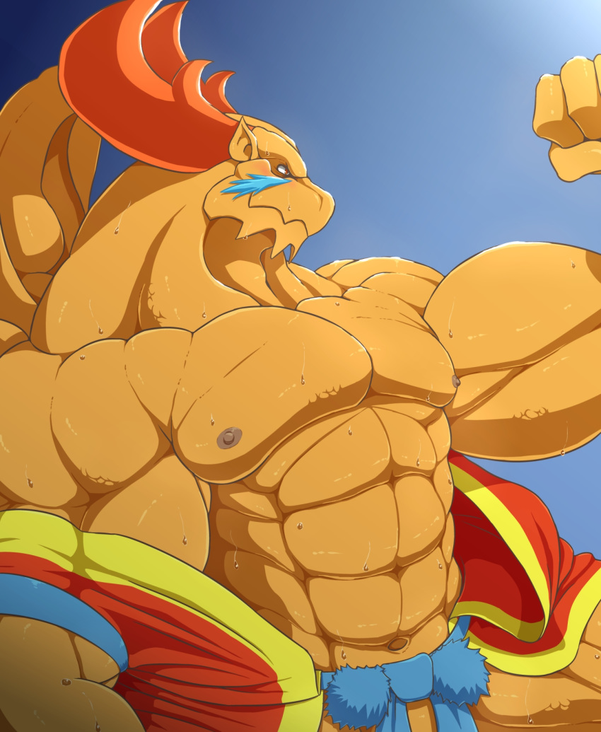 abs anthro biceps big_biceps big_muscles bodily_fluids breath_of_fire broken_(artist) brown_body brown_eyes brown_scales brown_skin bulge capcom clothed clothing dragon garr_(breath_of_fire) hi_res horn huge_muscles male muscular muscular_anthro muscular_male mythological_creature mythological_scalie mythology nipples non-mammal_nipples pecs reptile scales scalie solo sweat topless triceps wings