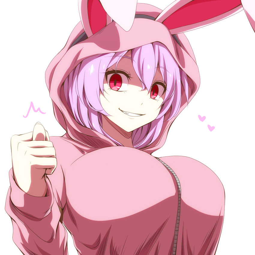 animal_hood breasts carro_(watarui) commentary_request female fig_sign grin heart highres hood hoodie large_breasts looking_at_viewer original photoshop_(medium) purple_hair rabbit_hood red_eyes shaded_face simple_background smile solo upper_body watarui white_background