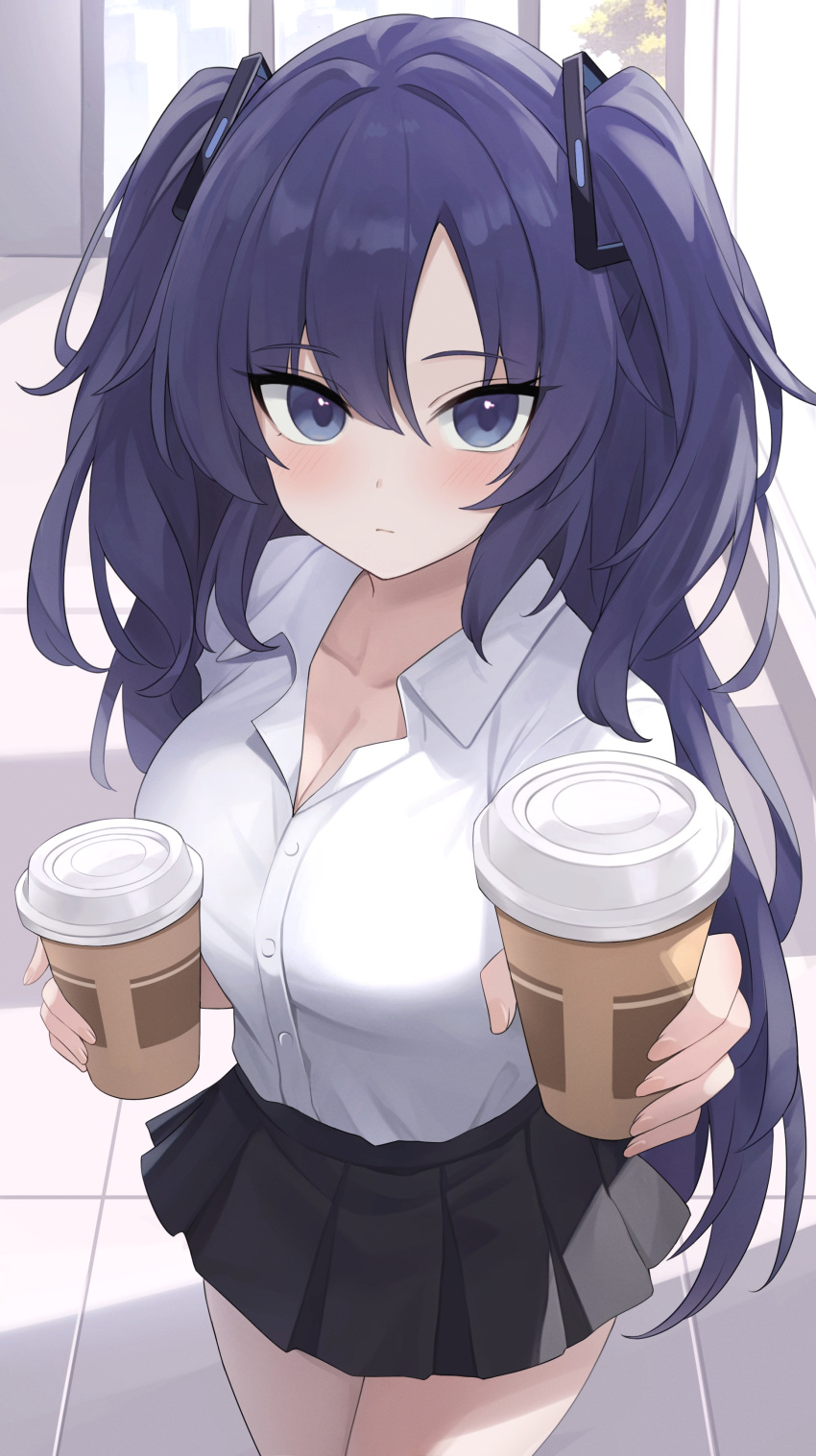 absurdres black_skirt blue_archive blush breasts buttons cleavage closed_mouth coffee collared_shirt cowboy_shot cup female highres holding holding_cup long_hair looking_at_viewer pleated_skirt purple_eyes purple_hair shirt skirt solo two_side_up white_shirt yuuka_(blue_archive) zeatto