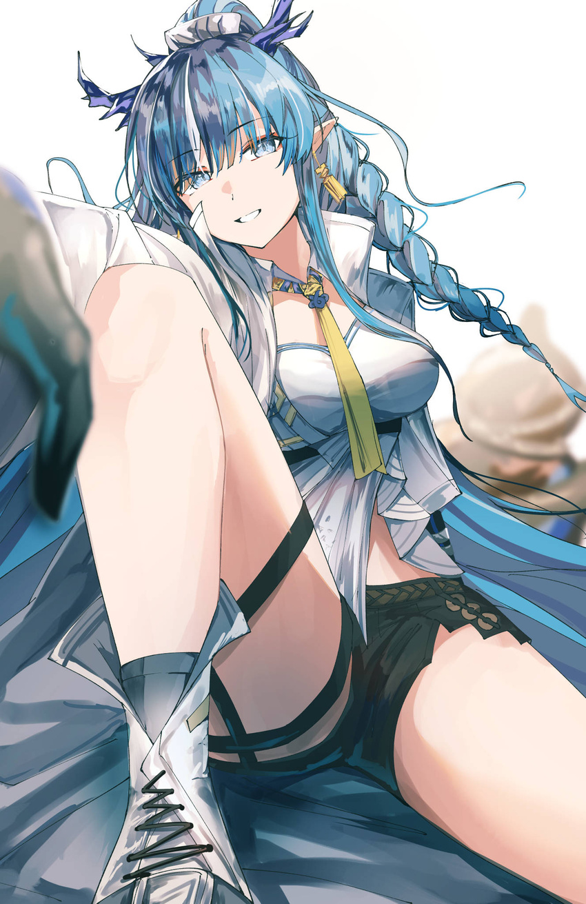 arknights black_shorts blue_eyes blue_hair breasts coat commentary dragon_girl dragon_horns earrings female gourd highres horns jewelry kiyakyuu large_breasts ling_(arknights) long_hair looking_at_viewer midriff necktie open_clothes open_coat pointy_ears short_shorts shorts sitting smile solo very_long_hair white_coat yellow_necktie