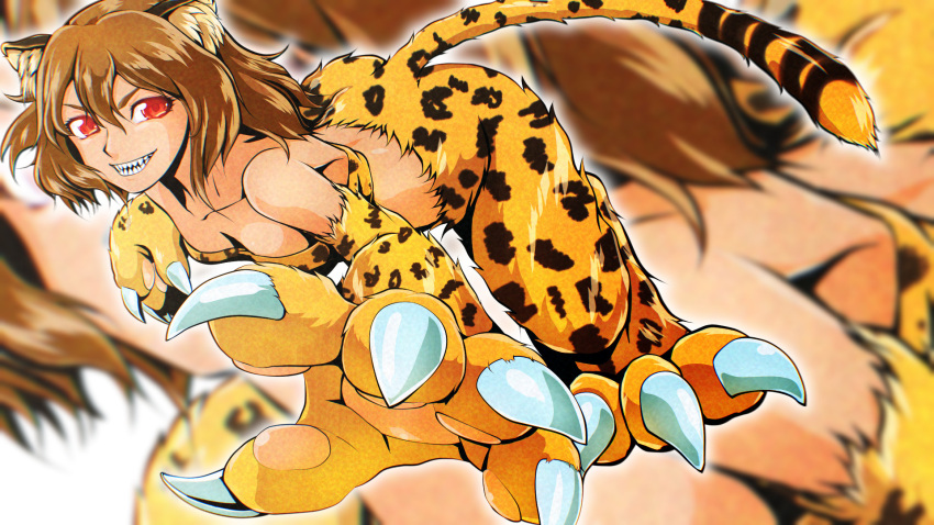 animal_ears animal_feet animal_hands ass bad_id bad_pixiv_id blush breasts brown_hair cat_ears cheetah_ears cheetah_girl cheetah_tail claws cleavage female grin highres killing_bites monster_girl nakanishi_eruza red_eyes saboikku sharp_teeth short_hair small_breasts smile solo teeth