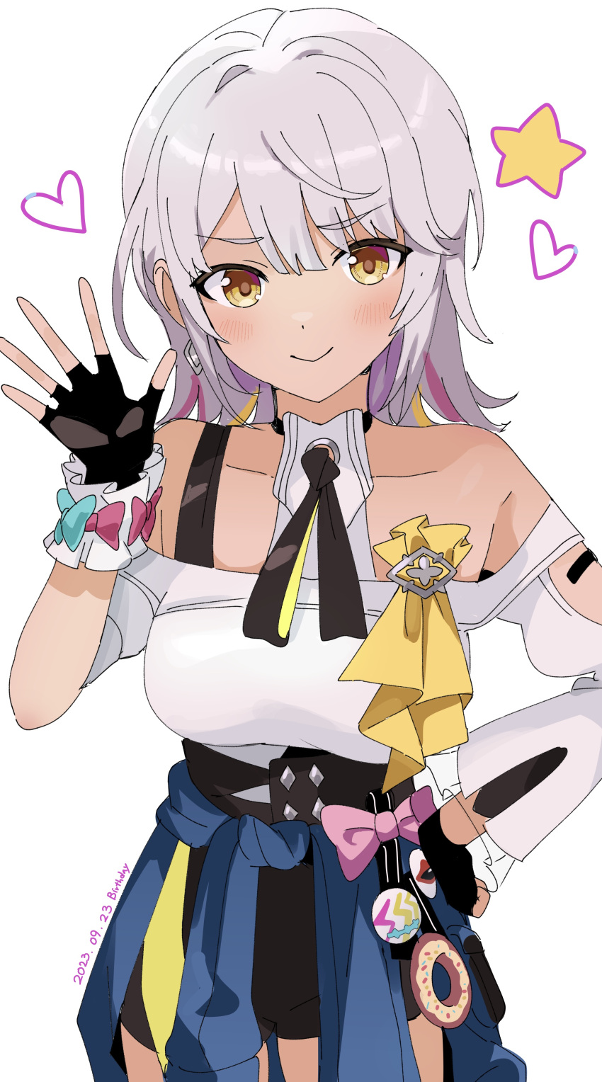 absurdres asymmetrical_sleeves awe_(adorableduckyy) bare_shoulders black_gloves black_shorts blush breasts carole_peppers commentary cowboy_shot female fingerless_gloves gloves heart highres honkai_(series) honkai_impact_3rd korean_commentary looking_at_viewer medium_breasts medium_hair off-shoulder_shirt off_shoulder shirt short_shorts shorts simple_background smile solo standing star_(symbol) white_background white_hair white_shirt yellow_eyes