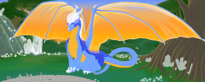 2019 2020 3_toes 4_fingers blue_body blue_scales claws cliff crystal dragon dungeons_and_dragons european_mythology feet feywild fingers forest forest_background glowing glowing_eyes hasbro hi_res horn k'sara large_wings long_tail membrane_(anatomy) membranous_wings mglblaze mythological_creature mythological_scalie mythology nature nature_background orange_body orange_scales outside plant plateau rock scales scalie solo stone_floor sunset tail toes translucent translucent_body translucent_claws translucent_horn tree unfinished western_dragon wings wizards_of_the_coast