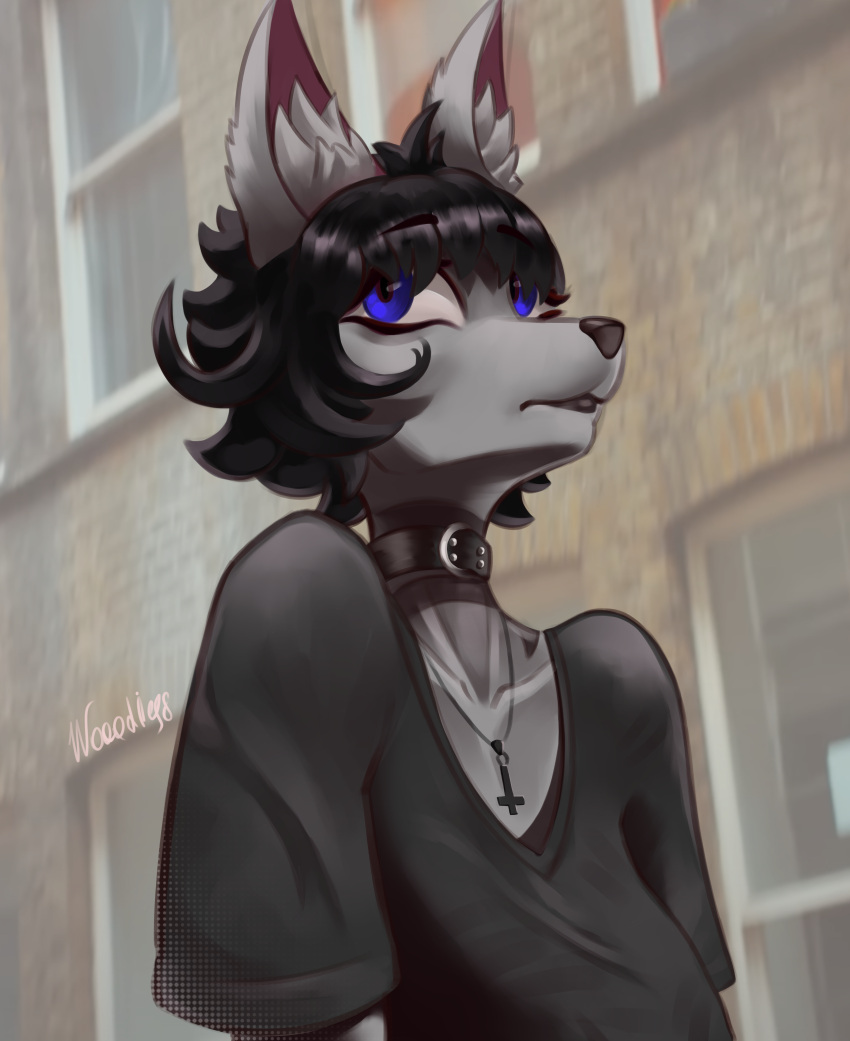 absurd_res alternative_fashion anthro black_hair blue_eyes breasts clothed clothing collar cross felid feline female goth grey_body hair hi_res inner_ear_fluff inverted_cross jewelry mammal millie pendant sagging_breasts shirt short_hair solo topwear trad_goth tuft wooodies8