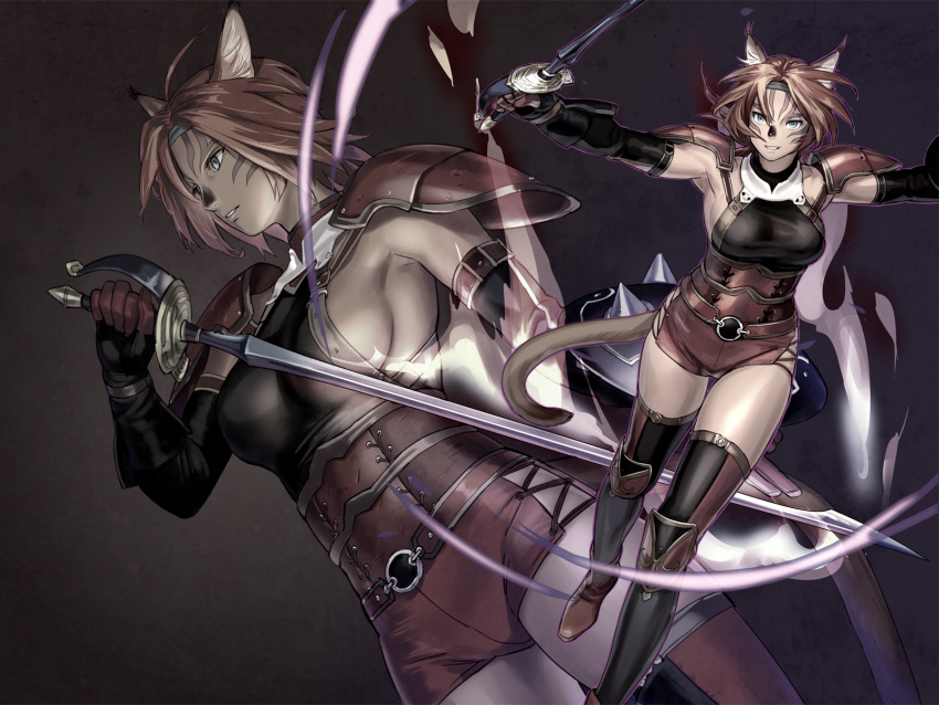 adventurer_(ff11) animal_ear_fluff animal_ears armor black_gloves breasts cat_ears cat_girl cat_tail elbow_gloves facial_mark female final_fantasy final_fantasy_xi fingerless_gloves gloves grey_headband headband highres holding holding_sword holding_weapon medium_breasts mithra_(ff11) no_bra no_eyebrows parted_lips red_armor red_gloves red_hair red_shorts scorpion_harness short_hair short_shorts shorts shoulder_armor sideboob smile sword tail thighhighs two-tone_gloves weapon whisker_markings white_eyes yuccoshi