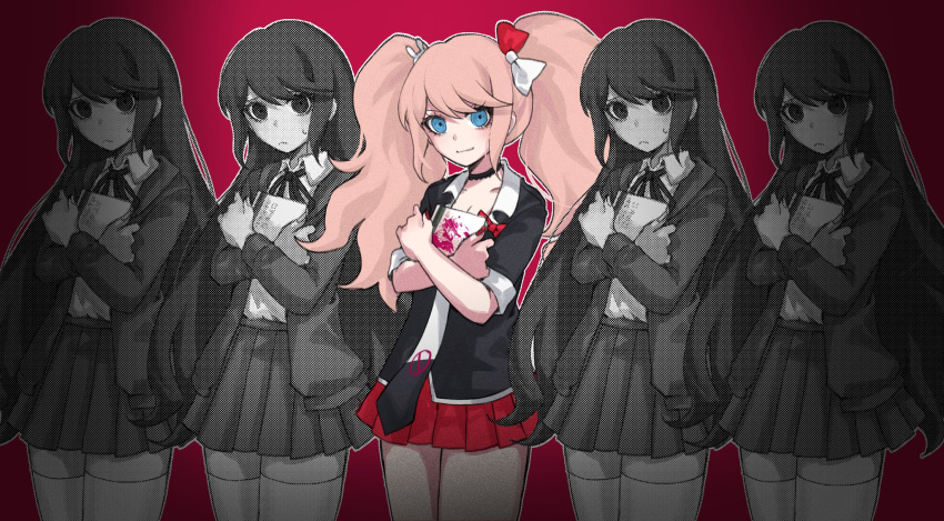 2girls black_choker black_necktie black_shirt blonde_hair blood book bow choker collarbone danganronpa/zero danganronpa:_trigger_happy_havoc danganronpa_(series) enoshima_junko hairbow highres hugging_object hy_(fjvlg) jacket long_hair miniskirt multiple_girls multiple_views neck_ribbon necktie open_clothes open_jacket otonashi_ryouko pink_blood pleated_skirt red_background red_bow red_skirt ribbon shirt skirt smile spoilers thighhighs twintails white_bow white_necktie