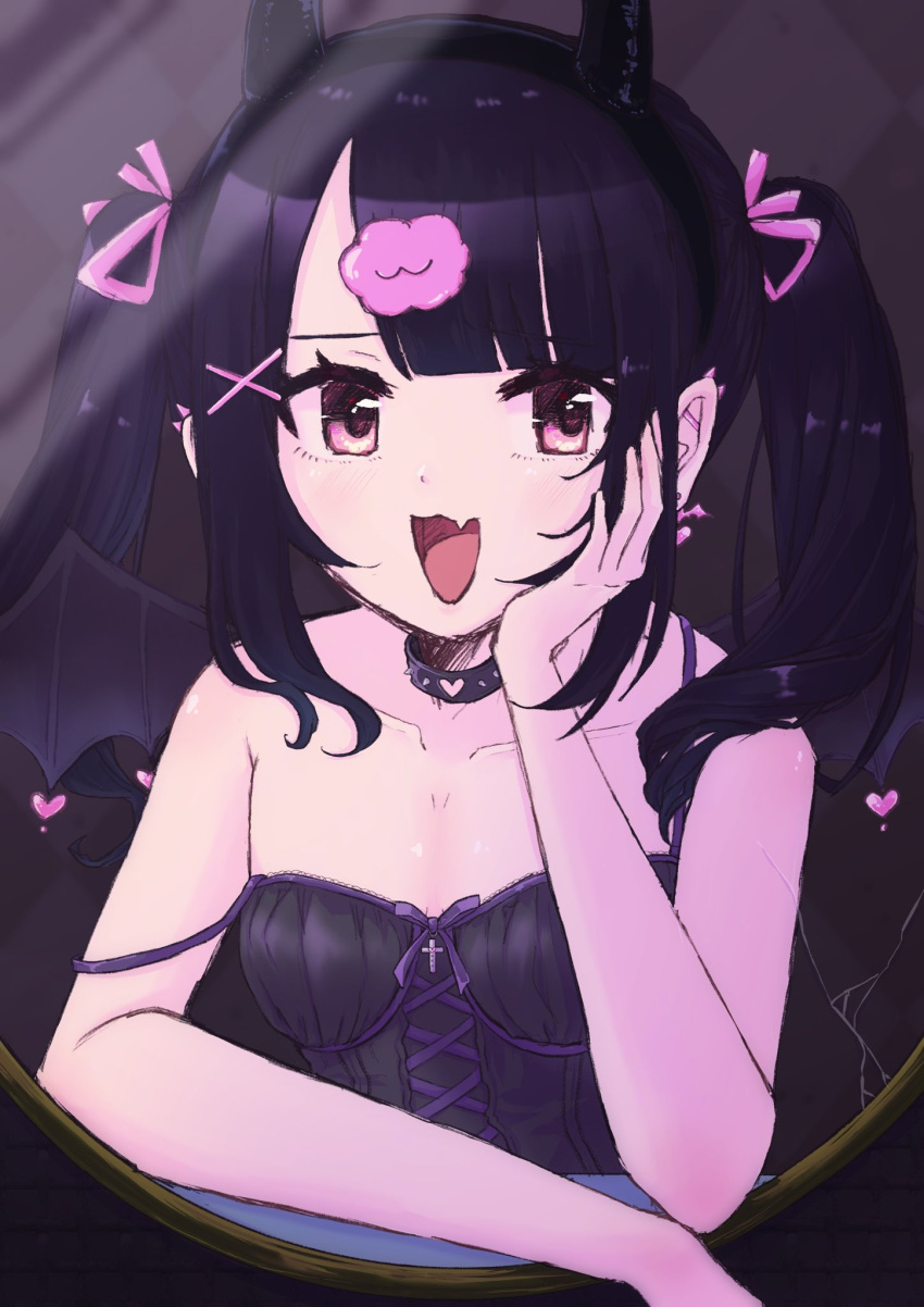 :d alternate_costume bare_shoulders black_collar black_hair black_wings blunt_bangs breasts collar commentary demon_horns demon_wings denonbu earrings english_commentary female hair_ornament hair_ribbon hand_on_own_cheek hand_on_own_face hand_up highres horns jewelry long_hair looking_at_viewer mirror misuzugram oerba_yun_fang open_mouth reml ribbon skin_fang small_breasts smile solo strap_slip twintails upper_body wings x_hair_ornament