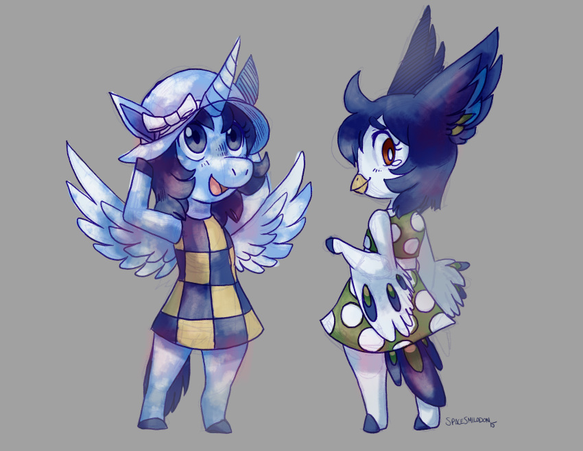 2015 absurd_res alicorn animal_crossing anthro avian beak bird blue_body blue_eyes blue_fur blue_hair clothing dress duo equid equine feathers female fur hair hat headgear headwear hi_res hooves horn inner_ear_fluff mammal mythological_creature mythological_equine mythology nintendo open_mouth perico red_eyes ribbons shirt spacesmilodon tongue topwear tuft white_body white_fur wings winter_(alicorn)