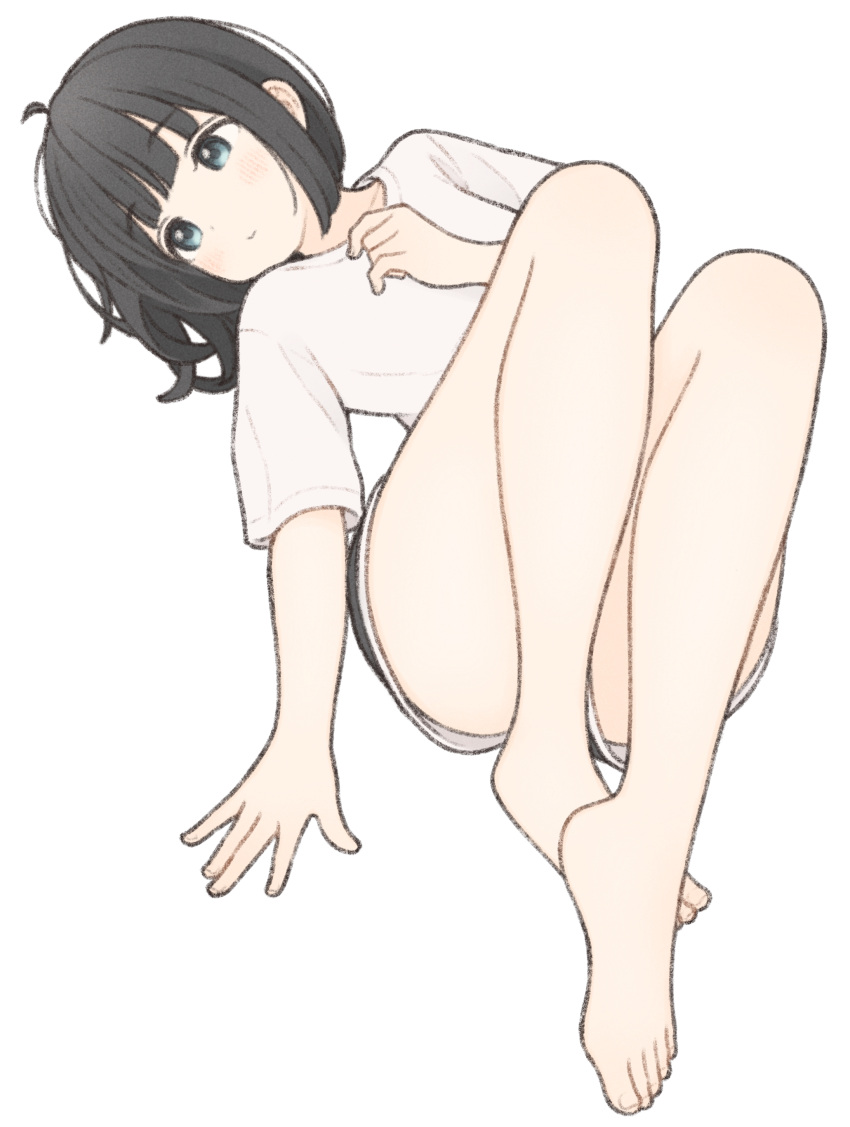 1ssakawaguchi absurdres bare_legs barefoot black_eyes black_hair black_shorts blunt_bangs dolphin_shorts feet female highres ichika_(1ssakawaguchi) knees_up looking_to_the_side lying on_back original shirt short_hair short_shorts short_sleeves shorts simple_background solo toes white_background white_shirt