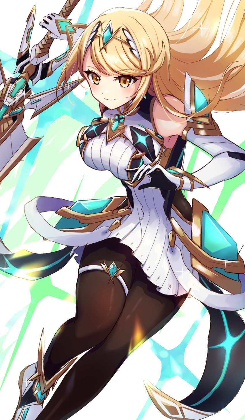 aegis_sword_(xenoblade) aqua_gemstone arm_guards bare_shoulders black_pantyhose blonde_hair breasts chest_jewel closed_mouth commentary_request dress drop_earrings earrings elbow_gloves female gem gloves highres jewelry large_breasts long_hair microdress mythra_(massive_melee)_(xenoblade) mythra_(xenoblade) neon_trim norimaki_(nrmk_norinori) pantyhose sleeveless sleeveless_dress smile solo super_smash_bros. swept_bangs thigh_strap tiara very_long_hair white_dress xenoblade_chronicles_(series) xenoblade_chronicles_2 yellow_eyes