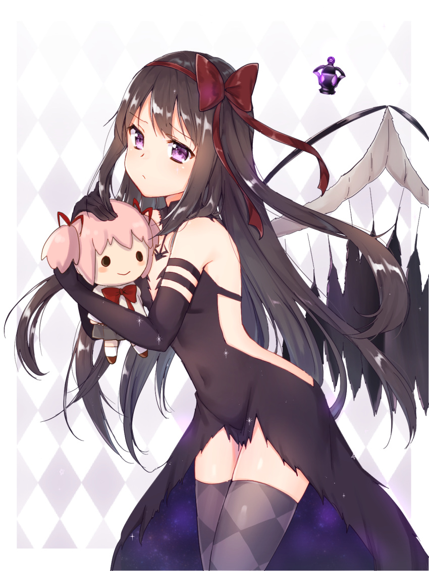 akemi_homura akuma_homura argyle_clothes argyle_legwear backless_outfit bare_shoulders black_gloves black_hair character_doll dark_orb_(madoka_magica) elbow_gloves female gloves hair_ribbon highres hugging_doll hugging_object kaname_madoka looking_at_viewer mahou_shoujo_madoka_magica mahou_shoujo_madoka_magica:_hangyaku_no_monogatari mochiko_(uyu_omochi) purple_eyes red_ribbon ribbon showgirl_skirt solo thighhighs wings