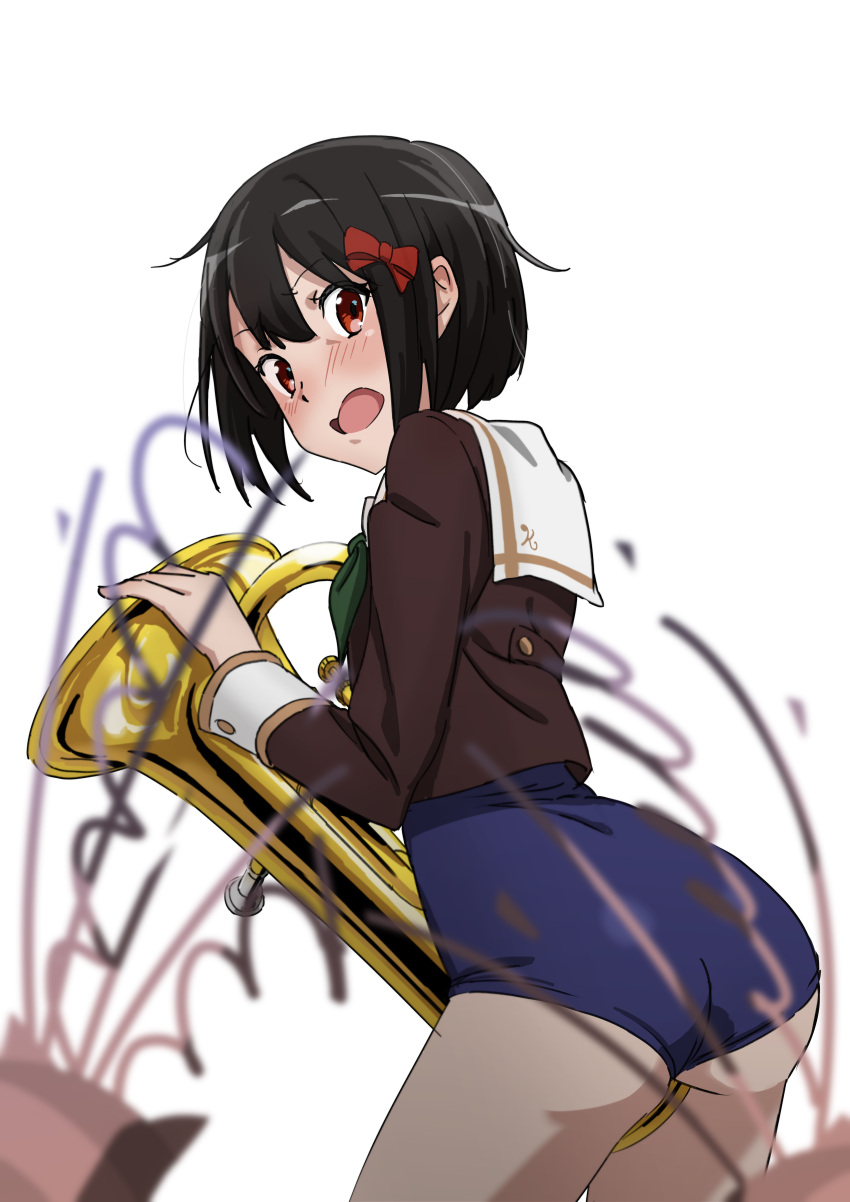 absurdres ass black_hair blue_one-piece_swimsuit blurry brown_shirt depth_of_field euphonium female from_side green_neckerchief hair_ornament hairclip hibike!_euphonium highres hisaishi_kanade instrument kitauji_high_school_uniform long_sleeves looking_at_viewer neckerchief one-piece_swimsuit party_popper red_eyes sailor_collar school_swimsuit school_uniform serafuku serasuku shirt short_hair simple_background solo swimsuit swimsuit_under_clothes tuttivivace white_background white_sailor_collar winter_uniform