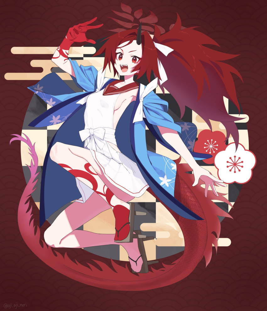 aji_aji_nori black_horns blue_archive breasts female flower full_body geta halo haori highres hip_vent horns japanese_clothes long_hair open_mouth ponytail red_eyes red_hair red_sailor_collar red_tail renge_(blue_archive) sailor_collar shirt sideless_shirt simple_background single_horn small_breasts solo tail white_shirt