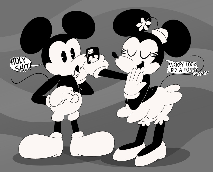 2024 3barts 5_fingers absurd_res anthro big_ears black_and_white bloomers bottomwear cellphone clothed clothing dialogue disney duo electronics english_text eyelashes female fingers gloves handwear hat headgear headwear hi_res male mammal mickey_mouse minnie_mouse monochrome mouse murid murine open_mouth open_smile phone profanity rodent rubberhose shorts skirt smartphone smile steamboat_willie text thin_calves thin_legs thin_thighs toony topless topless_anthro topless_male