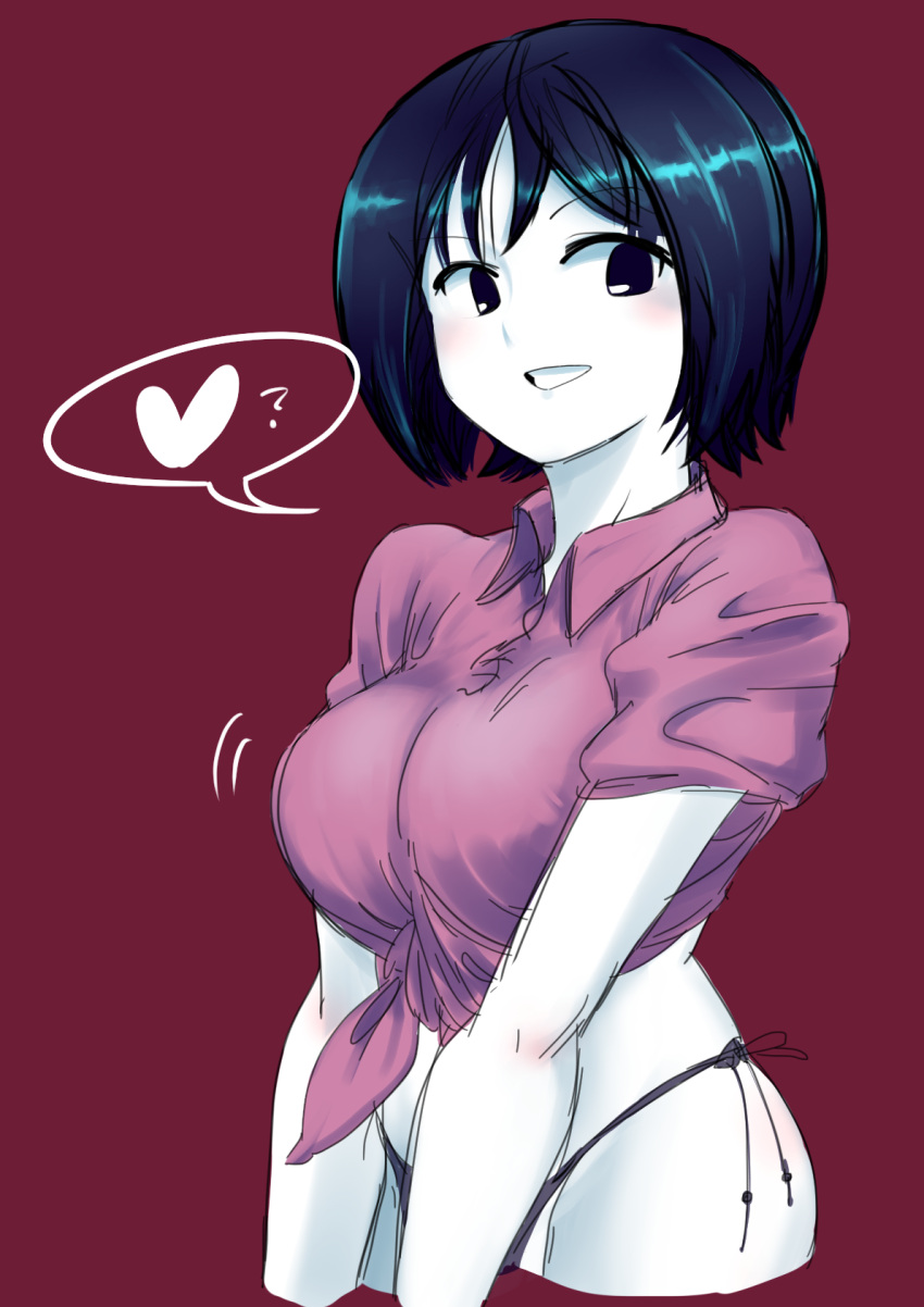 alternate_costume black_eyes black_hair black_panties blush breasts collared_shirt colored_skin commentary_request cookie_(touhou) female grin heart highres large_breasts looking_at_viewer medium_bangs milk_(cookie) murasa_minamitsu panties partial_commentary parupunte_(nicoseiga51964270) pink_shirt red_background shirt short_hair simple_background smile solo spoken_heart tied_shirt touhou underwear upper_body white_skin