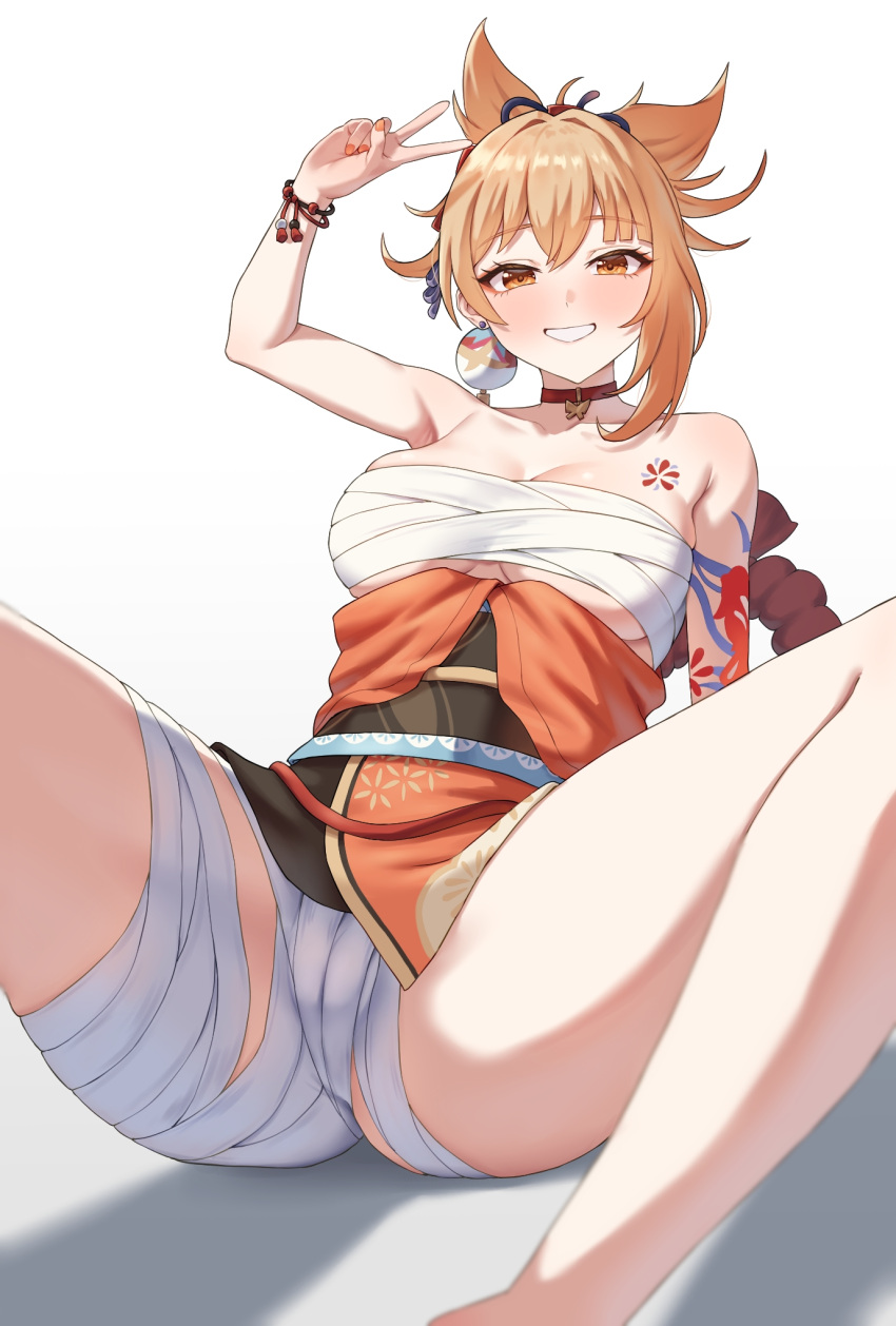 arm_tattoo arm_up bandages bandeau black_sash blonde_hair chest_sarashi chest_tattoo choker commentary_request female genshin_impact grin highres japanese_clothes kadokadokado kimono looking_at_viewer nail_polish obi orange_eyes orange_kimono orange_nails ponytail red_choker sarashi sash shadow short_hair short_kimono simple_background sitting smile solo strapless tattoo thighs tube_top v white_background yoimiya_(genshin_impact)