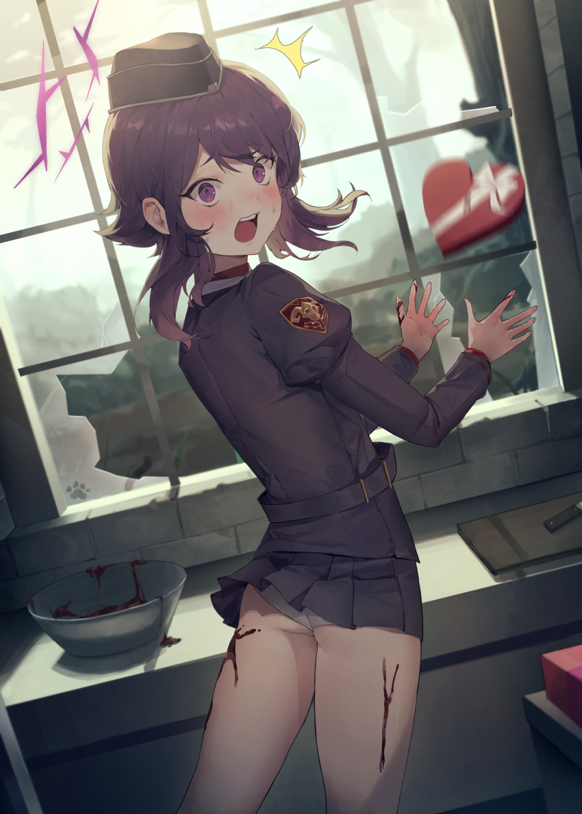 absurdres ass bad_id bad_pixiv_id black_hat black_skirt blue_archive blush box chocolate cowboy_shot female garrison_cap gift gift_box hair_between_eyes halo haruka_(blue_archive) hat heart-shaped_box highres indoors juliet_sleeves long_sleeves looking_at_viewer medium_hair military_uniform open_mouth panties pleated_skirt puffy_sleeves purple_eyes purple_hair purple_halo skirt solo underwear uniform white_panties yogu_(user_rxdx2445)