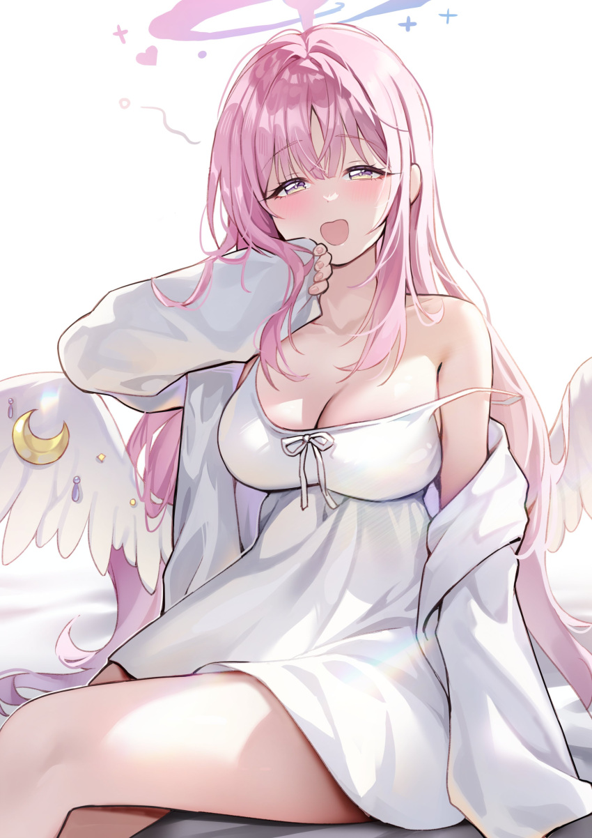 absurdres angel_wings blue_archive blush breasts cleavage collarbone commentary english_commentary feathered_wings female fingernails hair_between_eyes hair_down halo heart highres large_breasts long_hair long_sleeves looking_at_viewer low_wings mika_(blue_archive) morning nightgown open_clothes open_mouth open_shirt picter pink_hair pink_halo shirt sitting sleeves_past_wrists smile solo strap_slip thighs white_background white_nightgown white_shirt white_wings wings yellow_eyes