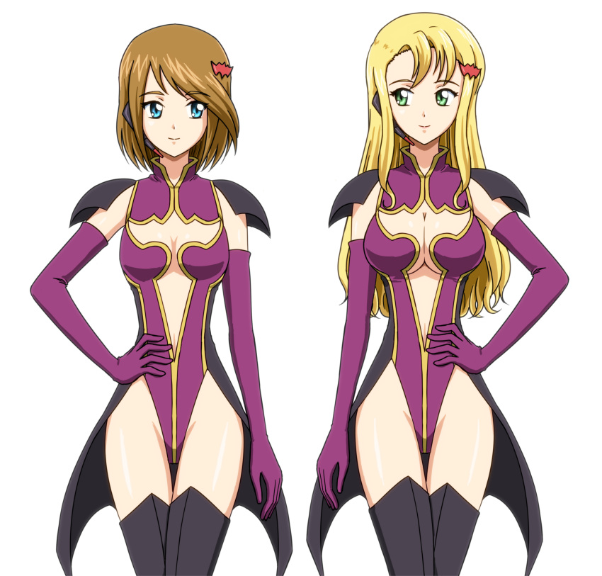 2girls absurdres bad_id bad_pixiv_id bat_hair_ornament black_thighhighs blonde_hair blue_eyes breasts brown_hair cape cleavage closed_mouth code_geass elbow_gloves gloves green_eyes hair_ornament hand_on_own_hip highres large_breasts liliana_vergamon long_hair looking_at_another looking_at_viewer marika_soresi multiple_girls pilot_suit purple_gloves short_hair simple_background small_breasts smile thighhighs uechan94 white_background