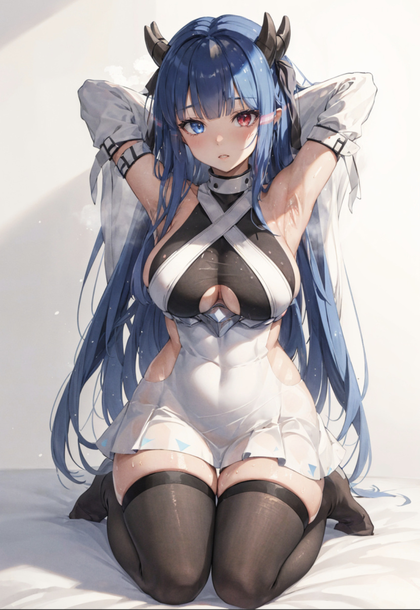 ai-generated armpits azur_lane blue_eyes blue_hair breasts clothing_cutout female glowing glowing_eyes heterochromia highres horns ibuki_(azur_lane) large_breasts light_smile looking_at_viewer md5_mismatch ntr_paradox red_eyes ribbon sitting thighhighs thighs underboob_cutout white_ribbon