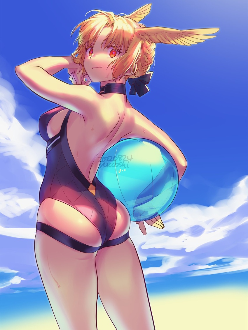 2022 artist_name ass ball bare_shoulders beachball blonde_hair blue_sky braid breasts closed_mouth cloud dated day fate/grand_order fate_(series) female head_wings highres holding holding_ball looking_at_viewer medium_breasts one-piece_swimsuit outdoors purple_one-piece_swimsuit red_eyes rindr_(fate) short_hair sky solo standing sweat swimsuit valkyrie_(fate) wings yuccoshi