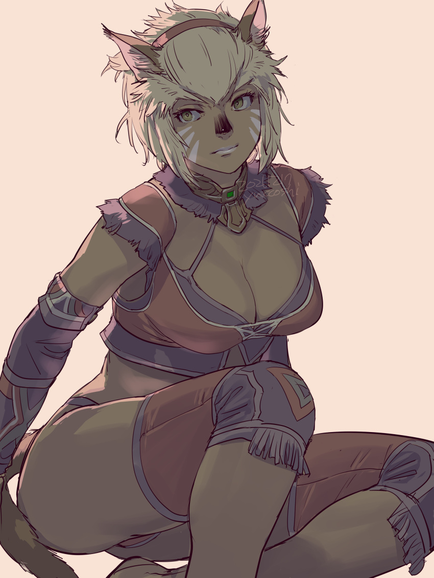 2021 absurdres adventurer_(ff11) animal_ears artist_name breasts brown_tail cat_ears cat_girl cat_tail cleavage closed_mouth dark-skinned_female dark_skin dated facial_mark female final_fantasy final_fantasy_xi fringe_trim hairband highres medium_breasts mithra_(ff11) red_hairband short_hair simple_background sitting solo split_mouth tail whisker_markings white_background white_hair white_lips yellow_eyes yuccoshi