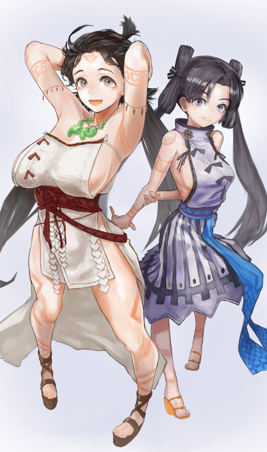 2girls :d armpits arms_behind_back arms_behind_head arms_up bare_shoulders black_hair blue_background blue_sash body_markings breasts brown_footwear commentary dress facial_mark fate/grand_order fate_(series) forehead forehead_mark full_body grey_eyes highres himiko_(fate) holding_own_arm iyo_(fate) jewelry kana_hebi7 large_breasts legs_apart long_hair looking_at_viewer magatama magatama_necklace multiple_girls necklace open_mouth red_sash sandals sash side_slit sideboob simple_background smile standing topknot twintails white_dress yellow_footwear