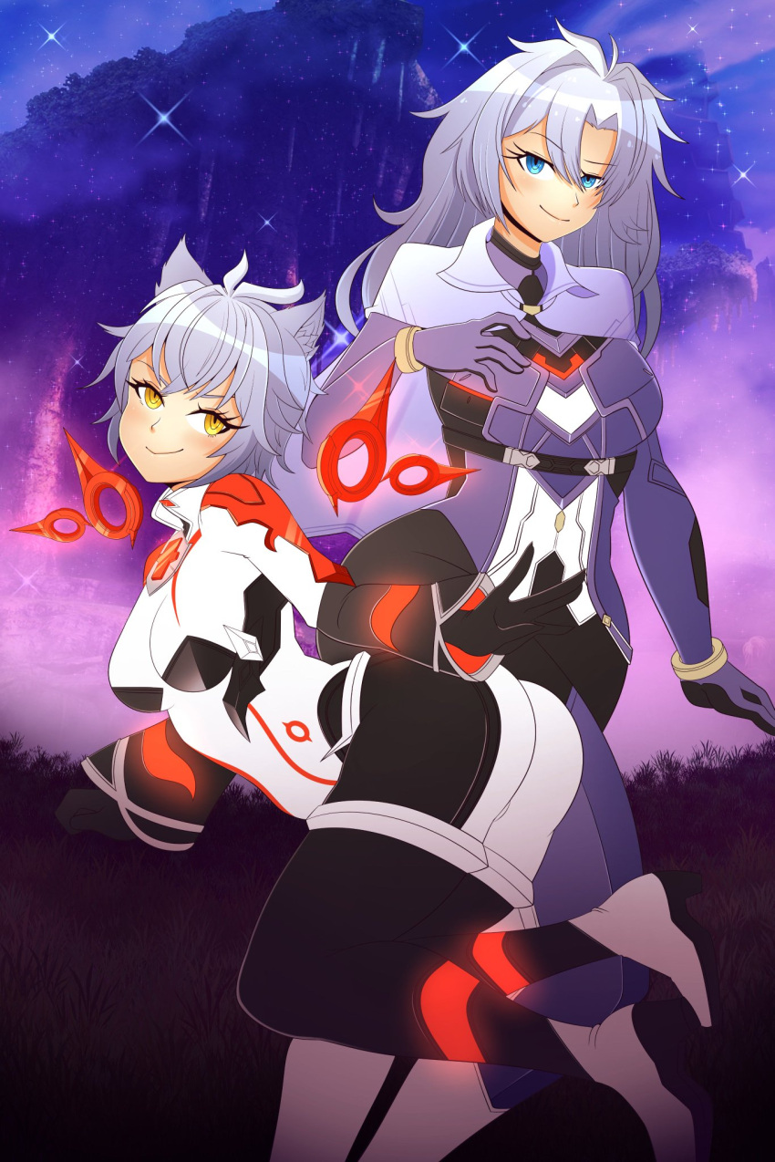 2girls a_(xenoblade) ahoge alpha_(xenoblade) antenna_hair ass black_gloves blue_eyes blush bodysuit boots breasts cat_girl chest_jewel cleavage corruption dark_persona dual_persona evil_smile eyelashes floating gem gloves glowing grass grey_hair hand_on_own_chest high_heel_boots high_heels highres knees_up large_breasts leg_up long_hair long_sleeves looking_at_viewer looking_back looking_to_the_side medium_breasts medium_hair multiple_girls na'el_(xenoblade) official_alternate_costume orange_gemstone outdoors possessed purple_gloves purple_shawl raised_eyebrow senpailove shawl sky smile space star_(sky) starry_background starry_sky white_hair wings xenoblade_chronicles_(series) xenoblade_chronicles_3 xenoblade_chronicles_3:_future_redeemed yellow_eyes