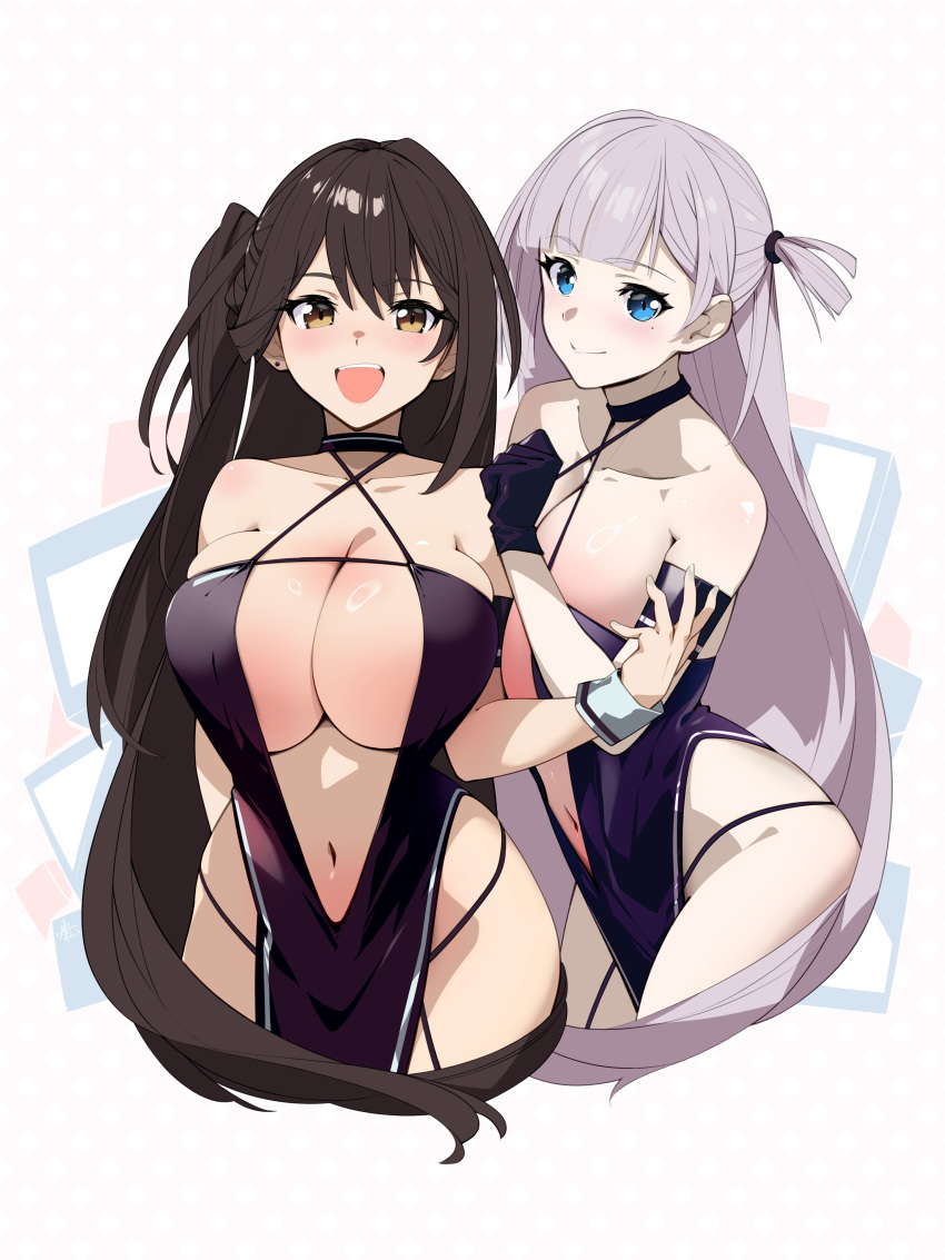 2girls :d absurdres arm_behind_back azur_lane bare_shoulders black_dress black_gloves blue_eyes blush breasts brown_hair cleavage commentary_request dress gloves hair_between_eyes hand_on_another's_shoulder hand_up happy highres hip_focus large_breasts long_hair looking_at_another looking_at_viewer midriff multiple_girls nagi-kaze navel race_queen revealing_clothes shoukaku_(azur_lane) shoukaku_(sororal_wings)_(azur_lane) side_ponytail sleeveless sleeveless_dress smile teeth upper_teeth_only very_long_hair white_hair yellow_eyes zuikaku_(azur_lane) zuikaku_(the_wind's_true_name)_(azur_lane)