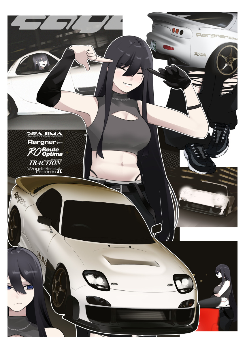 ^_^ absurdres blue_eyes blush breasts car cleavage_cutout closed_eyes clothing_cutout cropped_shirt crossed_arms detached_sleeves driving english_commentary female frown gloves glowing grey_shirt hair_between_eyes highres holeecrab jewelry looking_to_the_side mazda mazda_rx-7 mazda_rx-7_fd medium_breasts midriff morisaki_sayaka motor_vehicle multiple_views navel necklace night original pointing pointing_at_self right-hand_drive shirt single_detached_sleeve single_glove sitting sleeveless sleeveless_shirt smile sports_car vehicle_focus