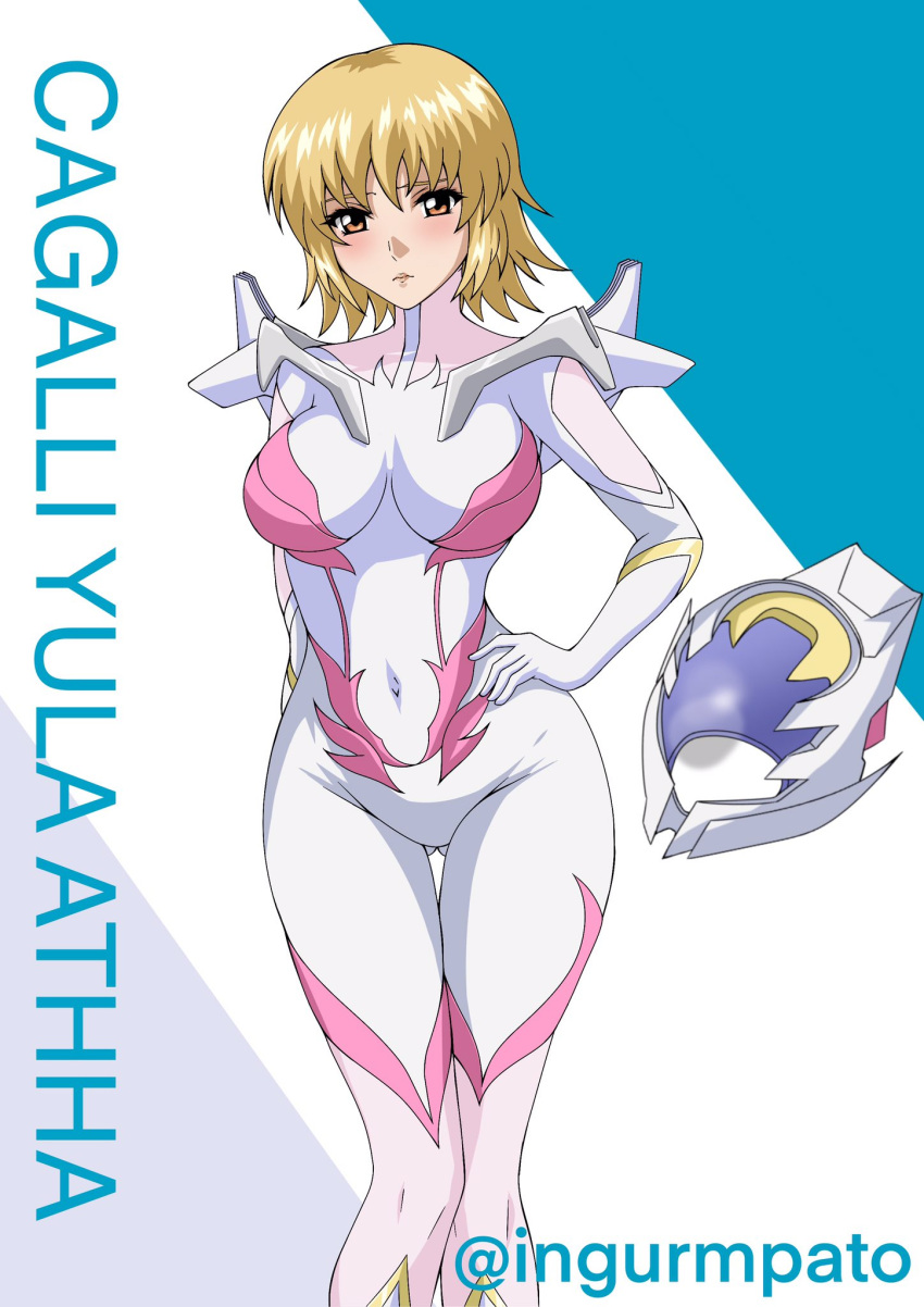 artist_name blonde_hair blush bodysuit breasts cagalli_yula_athha character_name commentary_request female gundam gundam_seed gundam_seed_freedom helmet highres kyomeihibiki large_breasts looking_at_viewer makeup navel pilot_suit purple_eyes short_hair skin_tight solo twitter_username