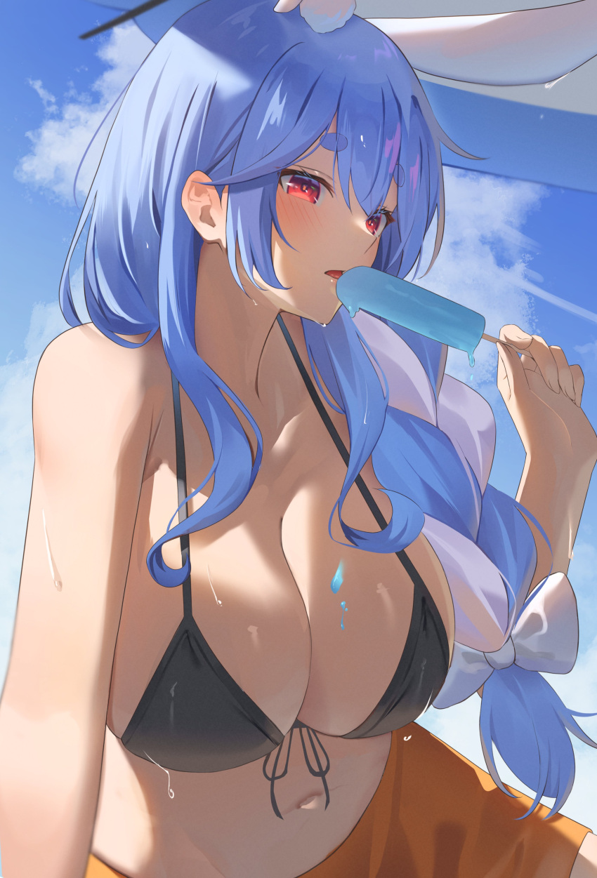 absurdres animal_ears bikini black_bikini blue_hair bow braid braided_ponytail breasts cleavage cloud female food hairbow highres holding holding_food holding_popsicle hololive large_breasts leg_grab mature_female melting_popsicle midriff multicolored_hair navel open_mouth outdoors pekomama pendora1022 popsicle rabbit_ears rabbit_girl red_eyes short_eyebrows sidelocks sky solo sweat swimsuit thick_eyebrows white_bow white_hair