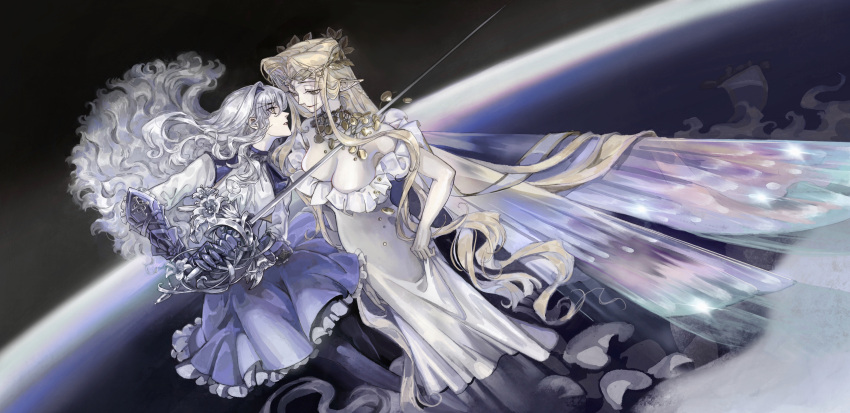 2girls absurdres aurora_(fate) bare_shoulders black_background blonde_hair blue_dress breasts broken cleavage corsage crown dress face-to-face fairy fairy_wings fate/grand_order fate_(series) floating_hair forked_eyebrows frills gan'yugu gauntlets high_collar highres holding holding_sword holding_weapon jewelry large_breasts long_hair looking_at_another melusine_(fate) melusine_(second_ascension)_(fate) multiple_girls necklace off-shoulder_dress off_shoulder parted_lips pointy_ears skirt_hold small_breasts smile sword two-tone_dress very_long_hair wading water wavy_hair weapon white_dress white_hair wings yellow_eyes