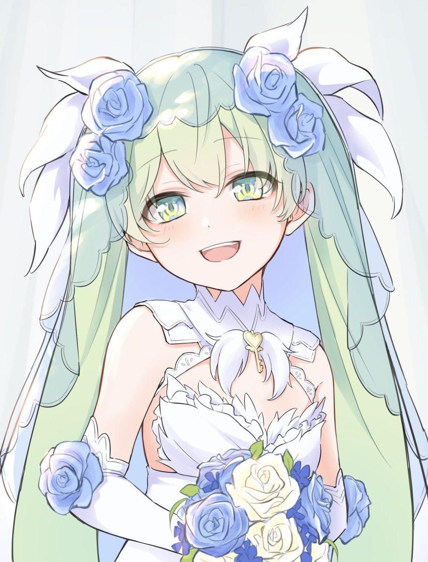 :d blue_flower blue_rose bouquet breasts bridal_veil bride cleavage commentary_request dress female flower frey_(rune_factory) gloves green_eyes green_hair hair_flower hair_ornament hayamaro65 highres holding holding_bouquet long_hair looking_at_viewer open_mouth rose rune_factory rune_factory_4 smile solo upper_body veil wedding_dress white_dress white_flower white_gloves white_rose