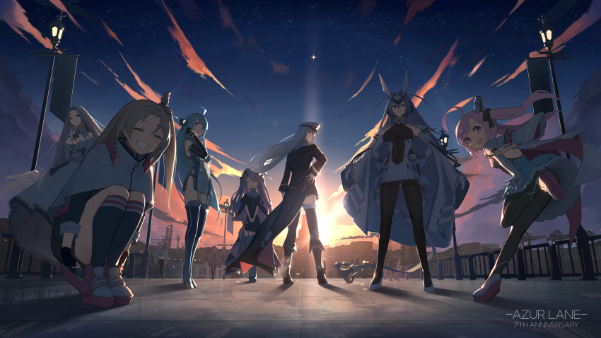 6+girls absurdres ahoge azur_lane bare_shoulders black_coat black_gloves black_hairband black_thighhighs blonde_hair blue_hair blue_socks breasts capelet city cleveland_(azur_lane) closed_eyes coat coat_on_shoulders copyright_name dress elbow_gloves enterprise_(azur_lane) from_behind full_body gloves hairband hat helena_(azur_lane) highres jacket long_hair long_sleeves medium_breasts military_hat military_jacket morning multiple_girls new_jersey_(azur_lane) nurse_cap open_mouth outdoors peaked_cap pink_hair purple_eyes saratoga_(azur_lane) smile socks sunrise thighhighs v_arms very_long_hair vestal_(azur_lane) white_capelet white_coat white_dress white_footwear white_hair white_hat yohia yorktown_(azur_lane) yorktown_ii_(azur_lane)