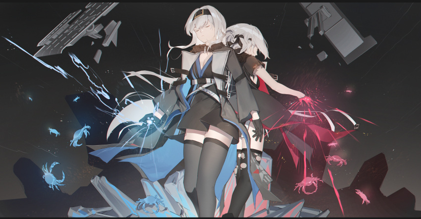 absurdres aircraft_carrier azur_lane back-to-back black_coat black_dress black_gloves black_hairband bon_homme_richard_(azur_lane) bon_homme_richard_(meta)_(azur_lane) breasts cleavage closed_eyes coat commission crab danzir dress dual_persona expressionless fur-trimmed_coat fur_trim gloves hair_between_eyes hairband highres long_hair medium_breasts medium_hair military_vehicle open_clothes open_coat pixiv_commission rigging ship standing thighhighs torn_clothes torn_thighhighs very_long_hair warship watercraft white_hair