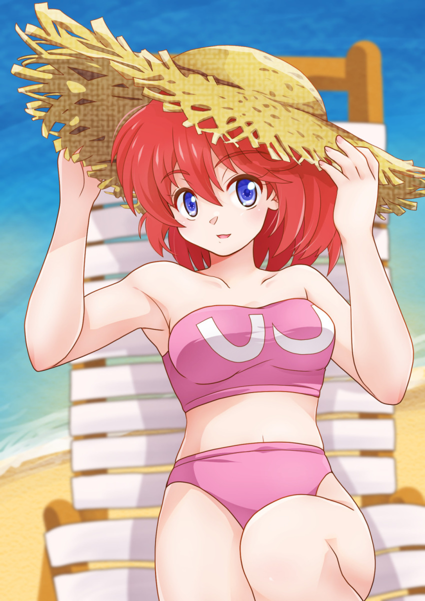 adjusting_clothes adjusting_headwear beach beach_chair bikini blue_eyes day female hat highres medium_hair navel outdoors pastel_(twinbee) pink_bikini red_hair sitting solo soumanantoka straw_hat sun_hat swimsuit twinbee yellow_hat