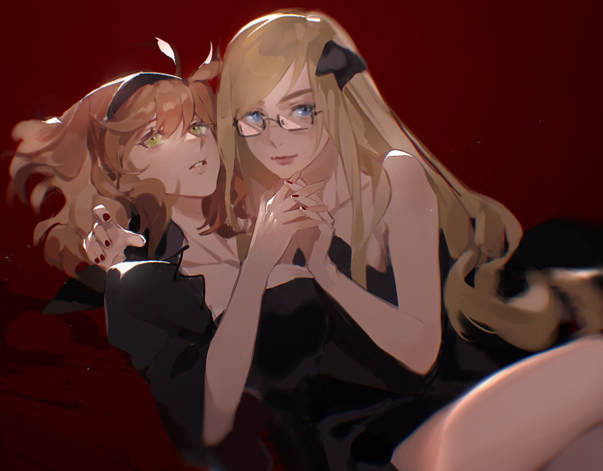 2girls axis_powers_hetalia belgium_(hetalia) black_dress blonde_hair blue_eyes bow breasts brown_hair dress glasses green_eyes hairband hairbow holding_hands long_hair looking_at_viewer lying medium_breasts medium_hair monaco_(hetalia) multiple_girls on_back parted_lips quan_zidong_xiaoyin red_background red_nails simple_background smile yuri