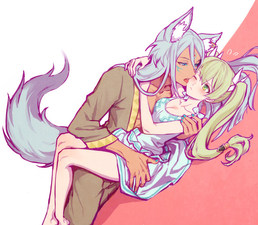 1boy animal_ears blue_dress blue_eyes blue_hair breasts cleavage commentary_request dark-skinned_male dark_skin dress dutch_angle egyptian_clothes female flying_sweatdrops fox_boy fox_ears frey_(rune_factory) gold_trim green_eyes green_hair hair_between_eyes hair_ribbon highres hug korean_commentary leon_(rune_factory) licking licking_another's_face long_hair looking_at_another lying on_back on_side open_mouth ribbon rune_factory rune_factory_4 straight tb_(spr1110) tongue tongue_out twintails