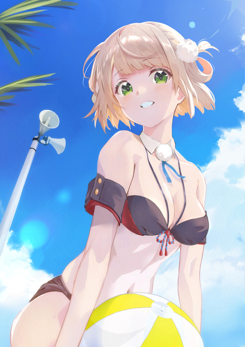 alternate_costume arm_cuffs ball beachball bikini black_bikini blue_sky bolo_tie breasts cleavage cloud collarbone day detached_collar female grin hair_ornament halterneck hashtag-only_commentary highres holding holding_ball holding_beachball indie_virtual_youtuber leaning_forward looking_at_viewer medium_breasts navel pom_pom_(clothes) pom_pom_hair_ornament qiandao_you shigure_ui_(vtuber) sky smile solo stomach swimsuit virtual_youtuber