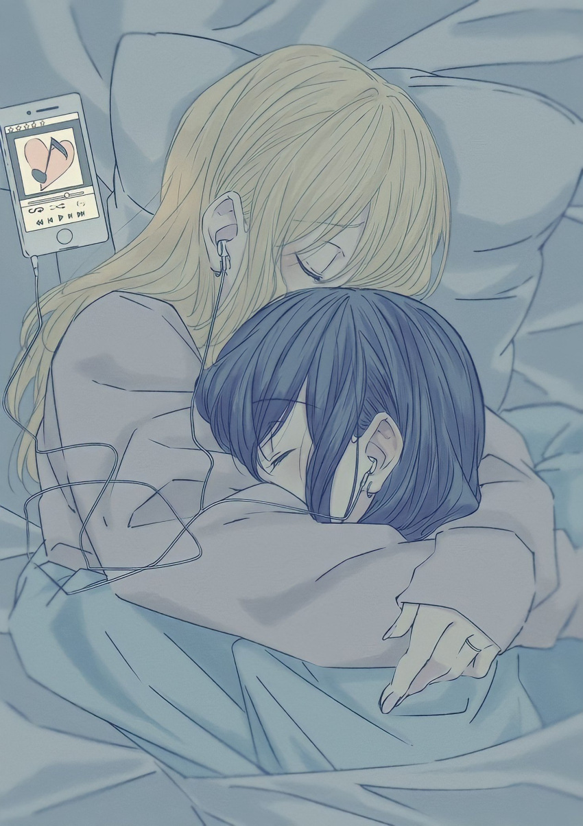 2girls aihara_mei aihara_yuzu black_hair blonde_hair breasts citrus_(saburouta) closed_eyes earrings glidesloe headphones highres jewelry long_hair multiple_girls ring second-party_source shirt siblings simple_background sisters sleeping step-siblings step-sisters wife_and_wife yuri