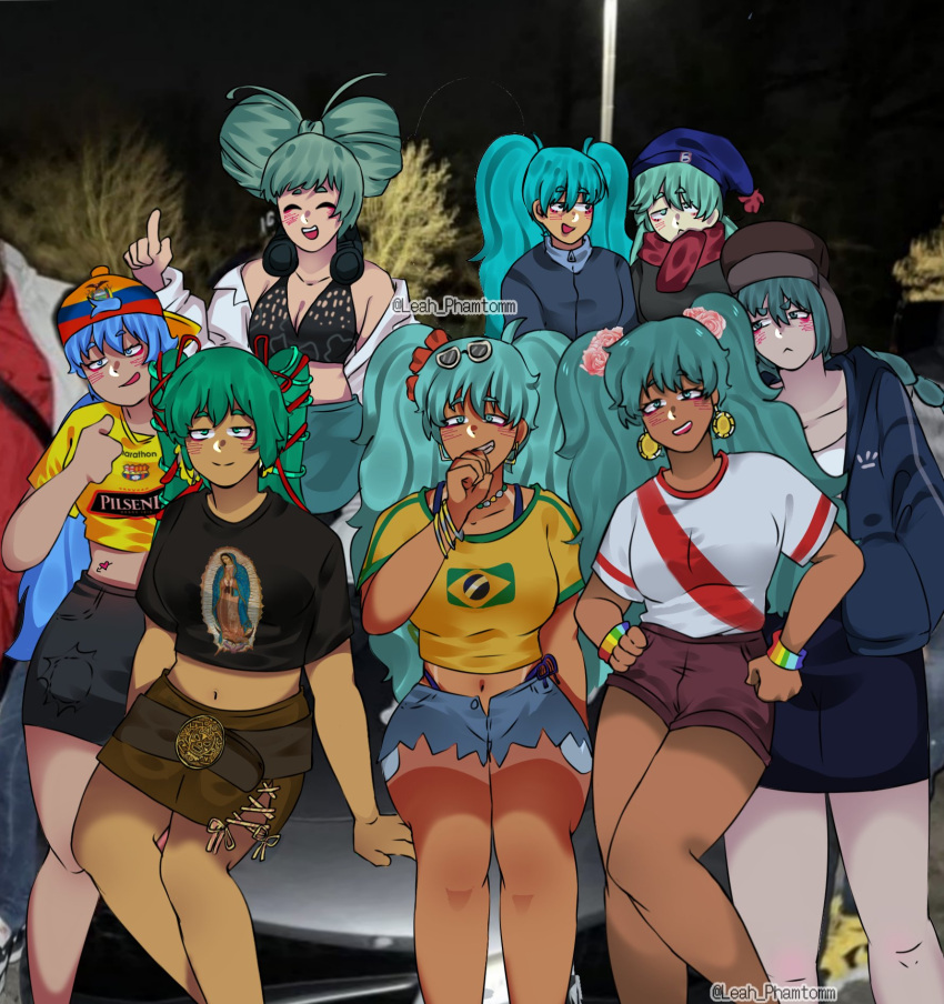 6+girls aqua_hair aqua_skirt backwards_hat belt black_shirt black_skirt blue_hair blue_hat blue_shorts blush brazil brazilian_flag brazilian_flag_print brazilian_miku breasts brown_shorts brown_skirt cleavage closed_eyes collared_shirt earrings ecuador ecuadorian_flag_print exposed_pocket feet_out_of_frame green_hair hat hatsune_miku highres index_finger_raised jewelry leah_phamtomm long_sleeves looking_at_viewer mexico midriff multiple_girls navel night open_clothes open_mouth open_shirt outdoors parted_lips peru peruvian_miku print_headwear print_shirt red_scarf scarf shirt short_sleeves shorts skirt smile twintails vocaloid white_shirt yellow_shirt