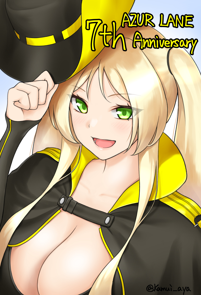 :d absurdres anniversary azur_lane bikini bikini_top_only black_bikini black_cloak black_hat black_sleeves blonde_hair breasts cleavage cloak collarbone commentary_request cowboy_hat detached_sleeves female green_eyes hat highres holding holding_hat holding_unworn_clothes hornet_(azur_lane) kamui_aya large_breasts long_hair looking_at_viewer open_mouth parted_bangs sidelocks simple_background smile solo standing swimsuit twintails twitter_username unworn_hat unworn_headwear upper_body very_long_hair white_background