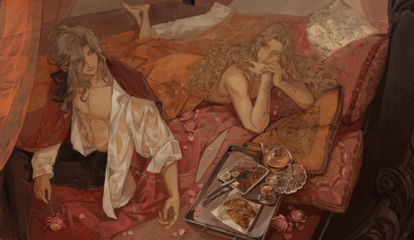 2boys absurdres ahoge arm_tattoo bare_pectorals bed_sheet black_pants blonde_hair cape collared_shirt croissant cup darnic_prestone_yggdmillennia facial_hair fate/apocrypha fate_(series) flower food fruit gan'yugu grey_hair hair_ribbon head_on_hand highres holding holding_flower long_hair long_sleeves looking_at_another low_ponytail lying male_focus meat multiple_boys navel nipples on_bed on_stomach open_clothes open_shirt pants pectorals petals pillow red_cape ribbon shirt sitting smile tattoo teacup teapot topless_male tray under_covers vlad_iii_(fate/apocrypha) wavy_hair