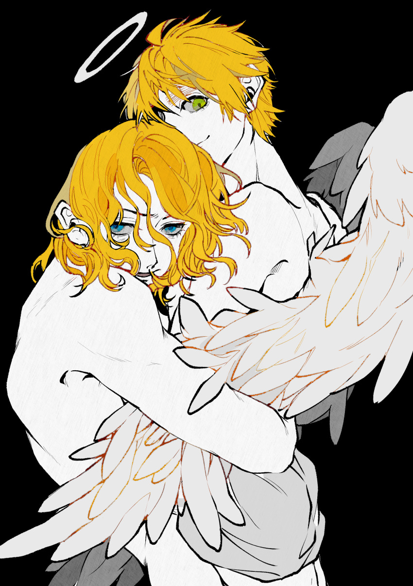 2boys absurdres angel angel_wings axis_powers_hetalia black_background blonde_hair blue_eyes france_(hetalia) frown green_eyes halo highres hug looking_at_viewer male_focus medium_hair multiple_boys open_mouth shenhaihua short_hair simple_background smile thick_eyebrows topless_male united_kingdom_(hetalia) wavy_hair white_wings wings yaoi