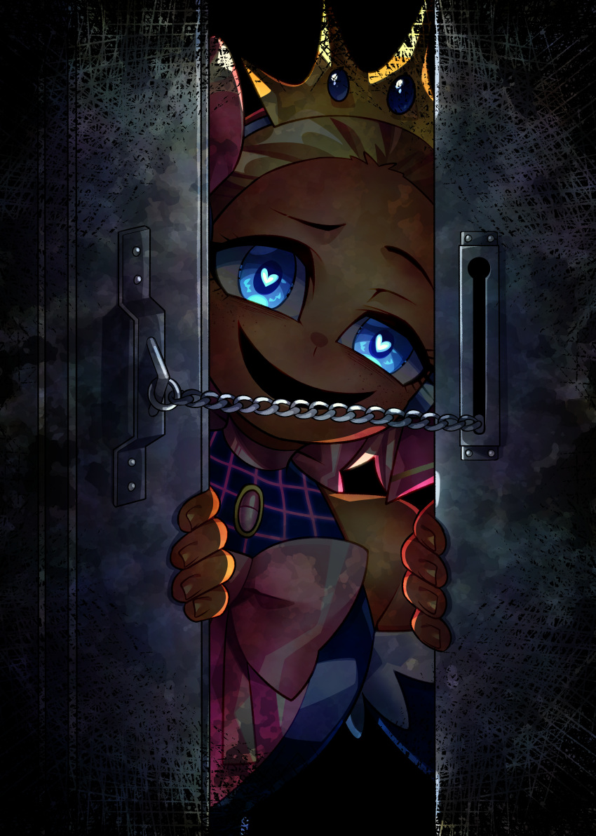 1boy absurdres angel_wings blonde_hair blue_eyes blue_shirt buttons chains crazy_smile crown detached_sleeves door door_chain doorway eyelashes female flat_chest freckles frills glowing glowing_eyes grid_print gyaru hair_ribbon head_tilt headphones heart heart-shaped_pupils highres holding horror_(theme) looking_at_viewer medium_hair neck_ribbon night non-web_source open_mouth pill pink_ribbon pink_shirt pov_doorway purple_shirt ribbon shirt short_twintails smile solo stalking symbol-shaped_pupils tan twintails vaporwave virtual_youtuber wings yandere