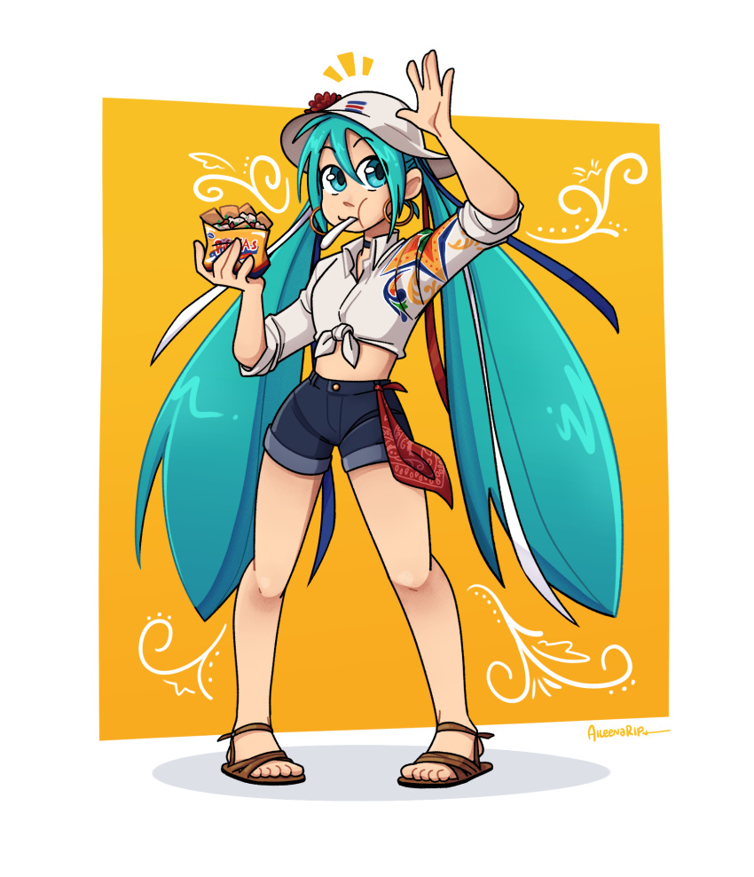 aileena aqua_eyes aqua_hair arm_up bare_legs blue_ribbon blue_shorts brown_footwear collared_shirt costa_rica earrings female food full_body hat hatsune_miku highres holding holding_food hoop_earrings jewelry long_hair midriff mouth_hold print_headwear print_shirt red_ribbon ribbon sandals shirt shorts solo standing tied_shirt twintails very_long_hair vocaloid waving white_hat white_ribbon