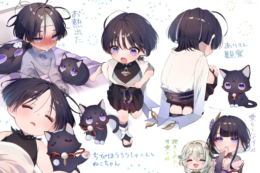 1boy 2girls aged_down animal bed black_cat black_hair blush breasts cleavage closed_eyes crying feline genshin_impact hair_ornament highres japanese_clothes lolicon ma_d_k_89 male_focus messy_hair mole mole_under_eye multiple_girls multiple_views nahida_(genshin_impact) nose_blush open_mouth person_and_animalization purple_eyes raiden_shogun scaramouche_(cat)_(genshin_impact) scaramouche_(genshin_impact) sick signature simple_background sitting sleeping sleeveless solo_focus tears translation_request under_covers white_background