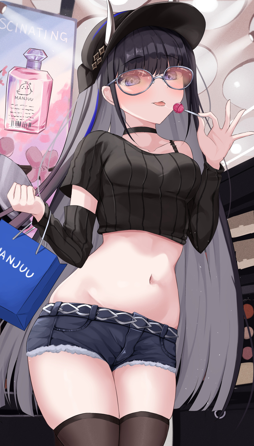 absurdres azur_lane bag black_hair black_shorts blush breasts candy cowboy_shot crop_top detached_sleeves eating female food from_below groin hands_up happy hat highres hip_focus holding holding_candy holding_food holding_lollipop horns horns_through_headwear kuon_(kuon) lollipop long_hair looking_at_viewer looking_down medium_breasts micro_shorts midriff navel noshiro_(azur_lane) noshiro_(dressed-up_date)_(azur_lane) official_alternate_costume oni purple_eyes shopping shopping_bag short_shorts shorts single_bare_shoulder skindentation small_breasts smile solo stomach sunglasses thighhighs thighs tongue tongue_out torn_clothes torn_shorts very_long_hair