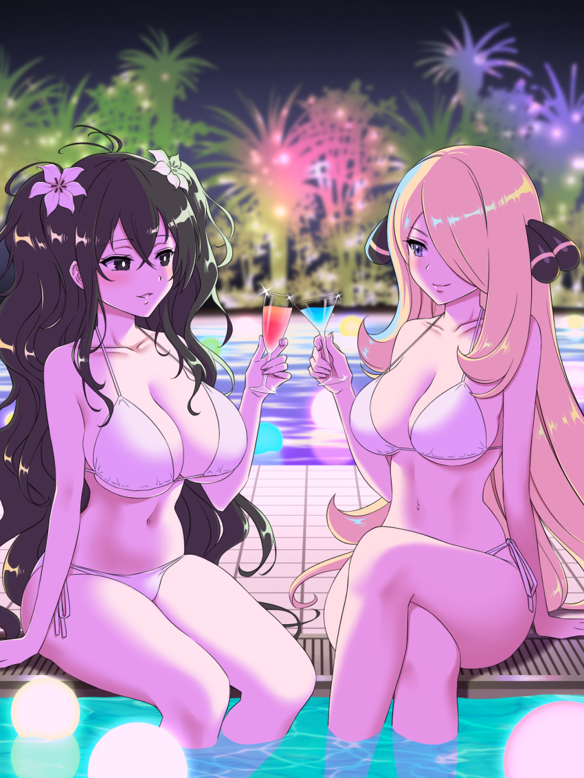 2girls antenna_hair arm_support bikini black_eyes black_hair blonde_hair blush breasts cleavage closed_mouth crossed_legs crossover cup cynthia_(pokemon) drink drinking_glass fireworks flower fubuki_(senran_kagura) glowing grey_eyes groin hair_between_eyes hair_flower hair_ornament hair_over_one_eye highres holding holding_cup huge_breasts large_breasts light_particles lily_(flower) linea_alba long_hair looking_at_another micro_bikini multiple_girls navel night night_sky outdoors pale_skin palm_leaf palm_tree parted_lips pokemon pokemon_dppt pool poolside risapaso senran_kagura senran_kagura_new_link side-tie_bikini_bottom sitting sky smile soaking_feet sparkle string_bikini swimsuit tile_floor tiles tree tropical_drink very_long_hair water white_bikini white_flower white_lily wine_glass